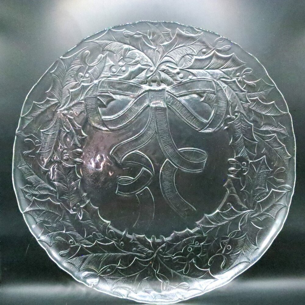 Duralex France Clear Glass Christmas Wreath Bow Holly Serving Platter Plate 13"